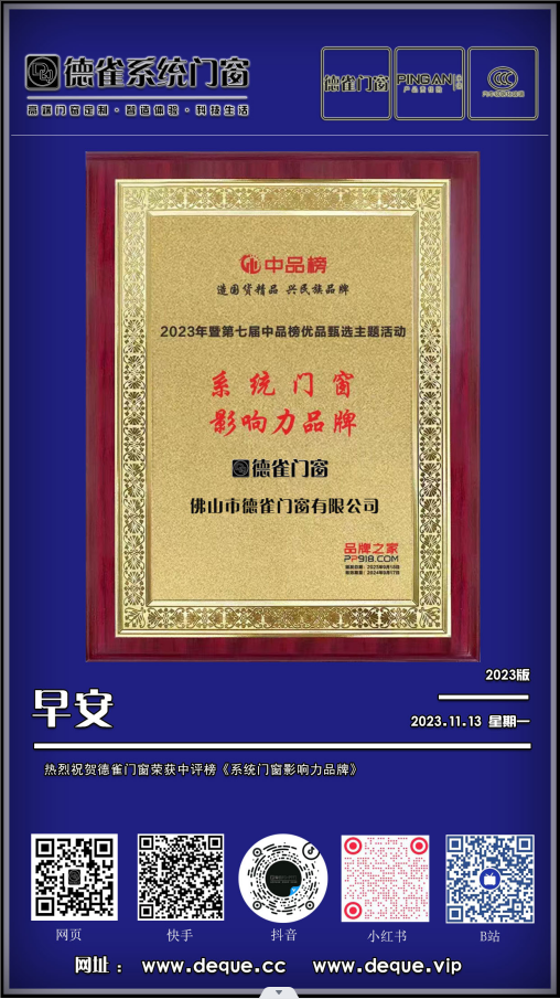 以实力铸就辉煌，德雀门窗：荣登2023-2024年中品榜系统门窗最具影响力品牌